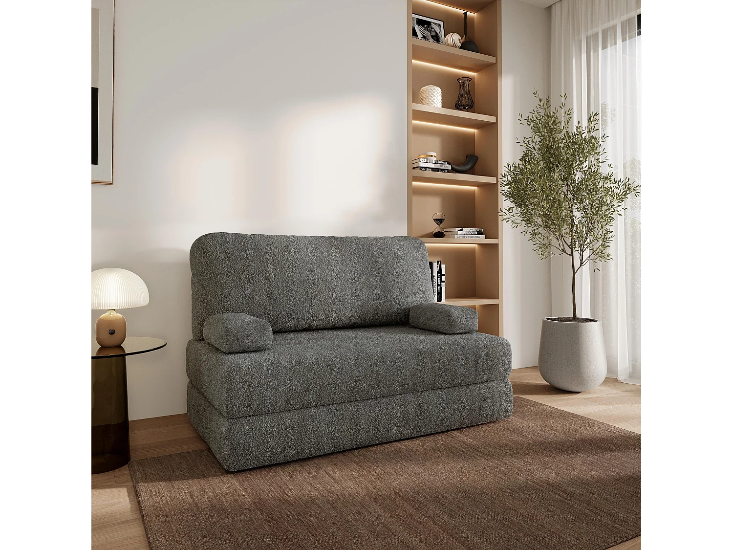 Canapé compressé KESTE sans cadre métallique, Tissu bouclé, Gris