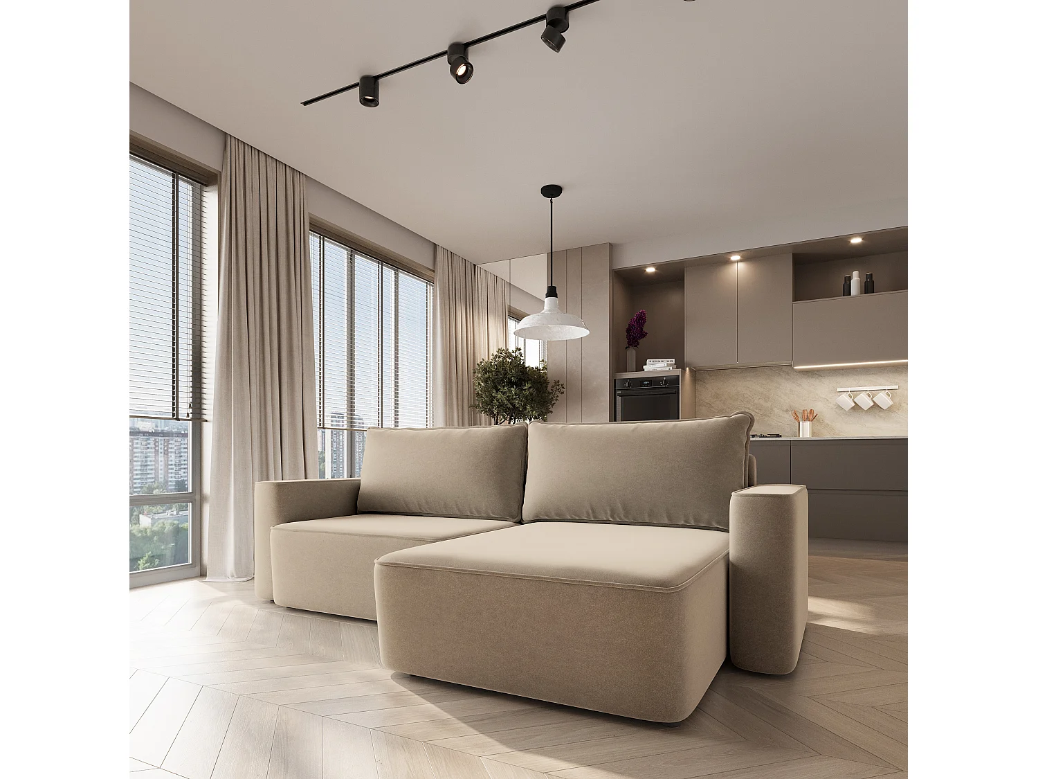 Hoekbank BELISE, met slaapfunctie, Fluweelstof Beige