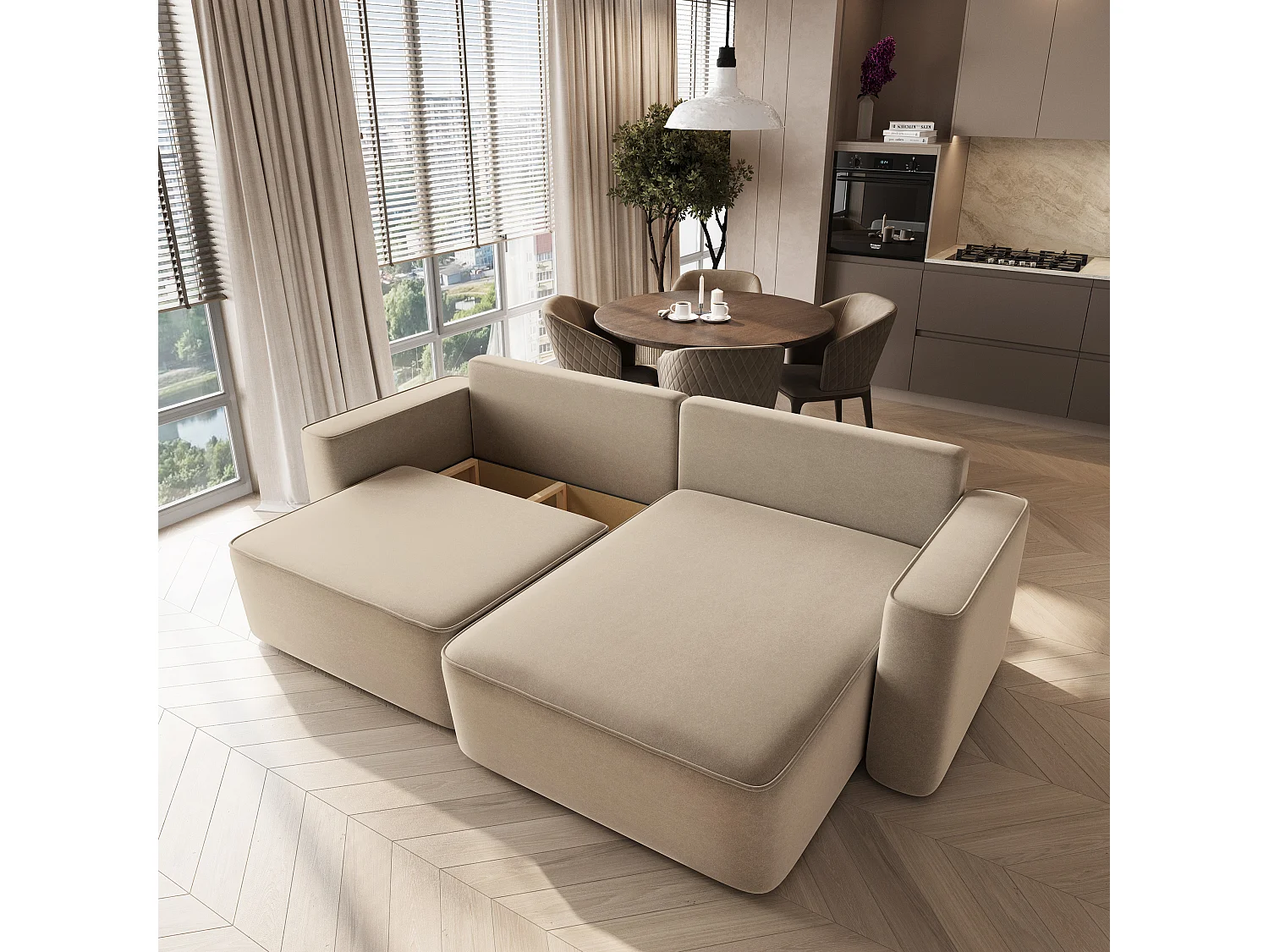 Hoekbank BELISE, met slaapfunctie, Fluweelstof Beige