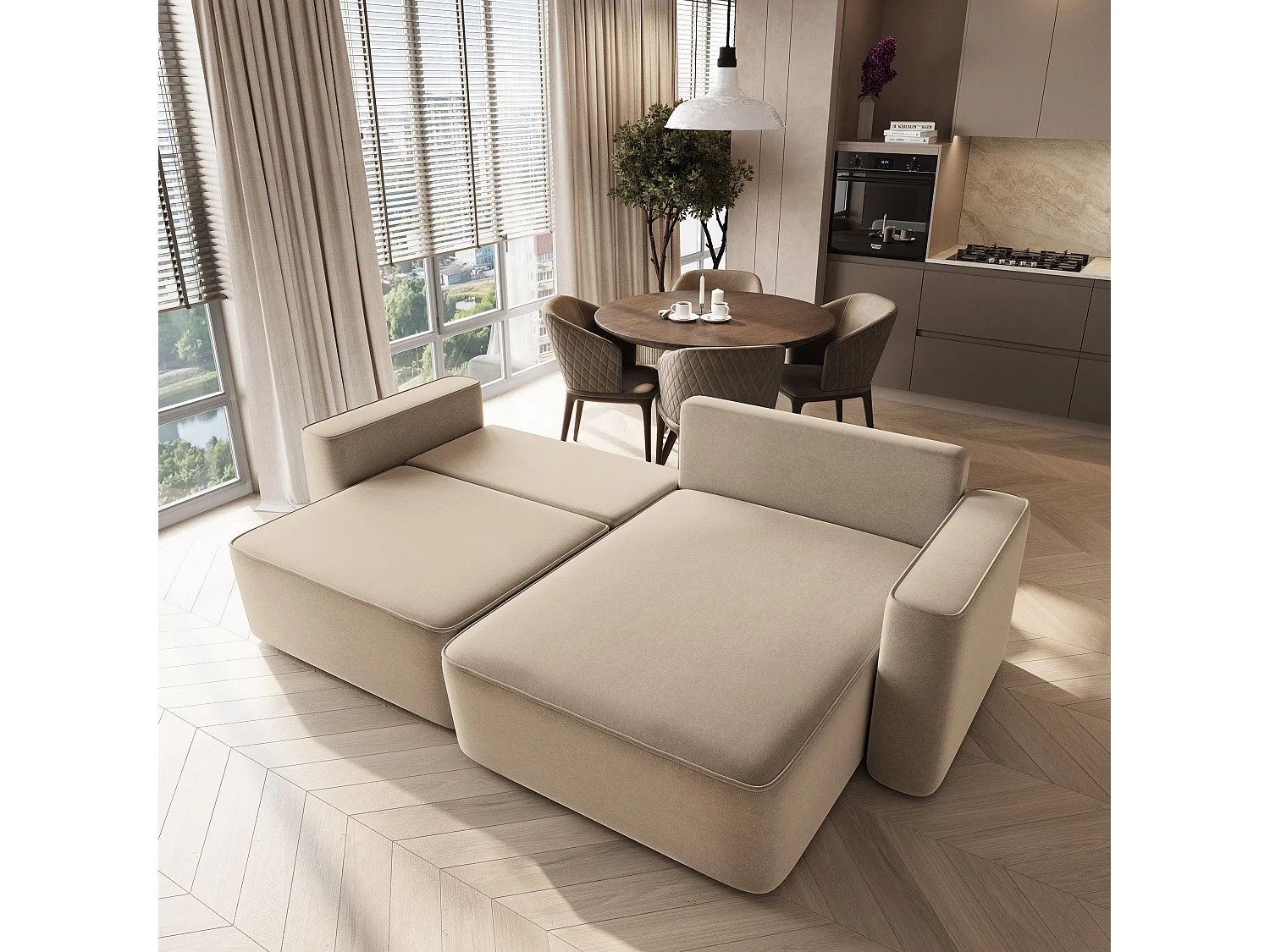 Hoekbank BELISE, met slaapfunctie, Fluweelstof Beige