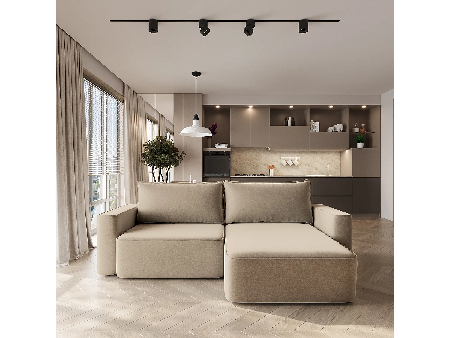 Hoekbank BELISE, met slaapfunctie, Fluweelstof Beige