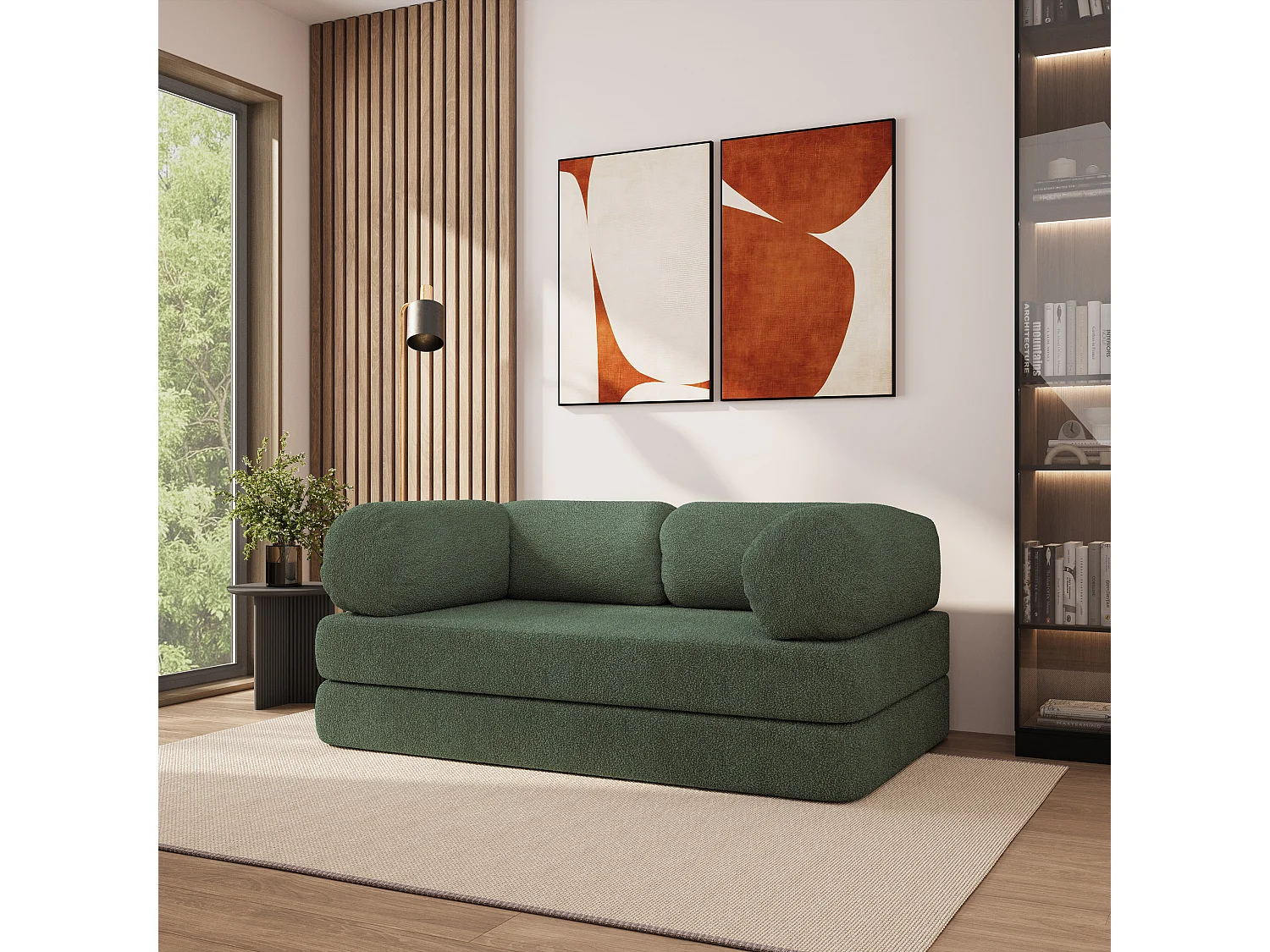 Canapé compressé EIREN sans cadre métallique, Tissu bouclé, Vert
