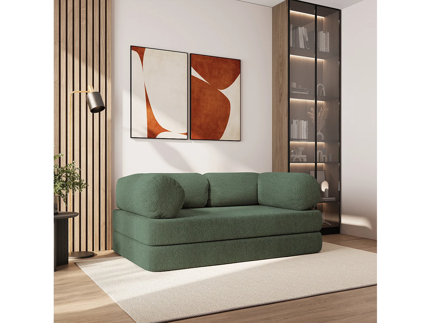 Canapé compressé EIREN sans cadre métallique, Tissu bouclé, Vert