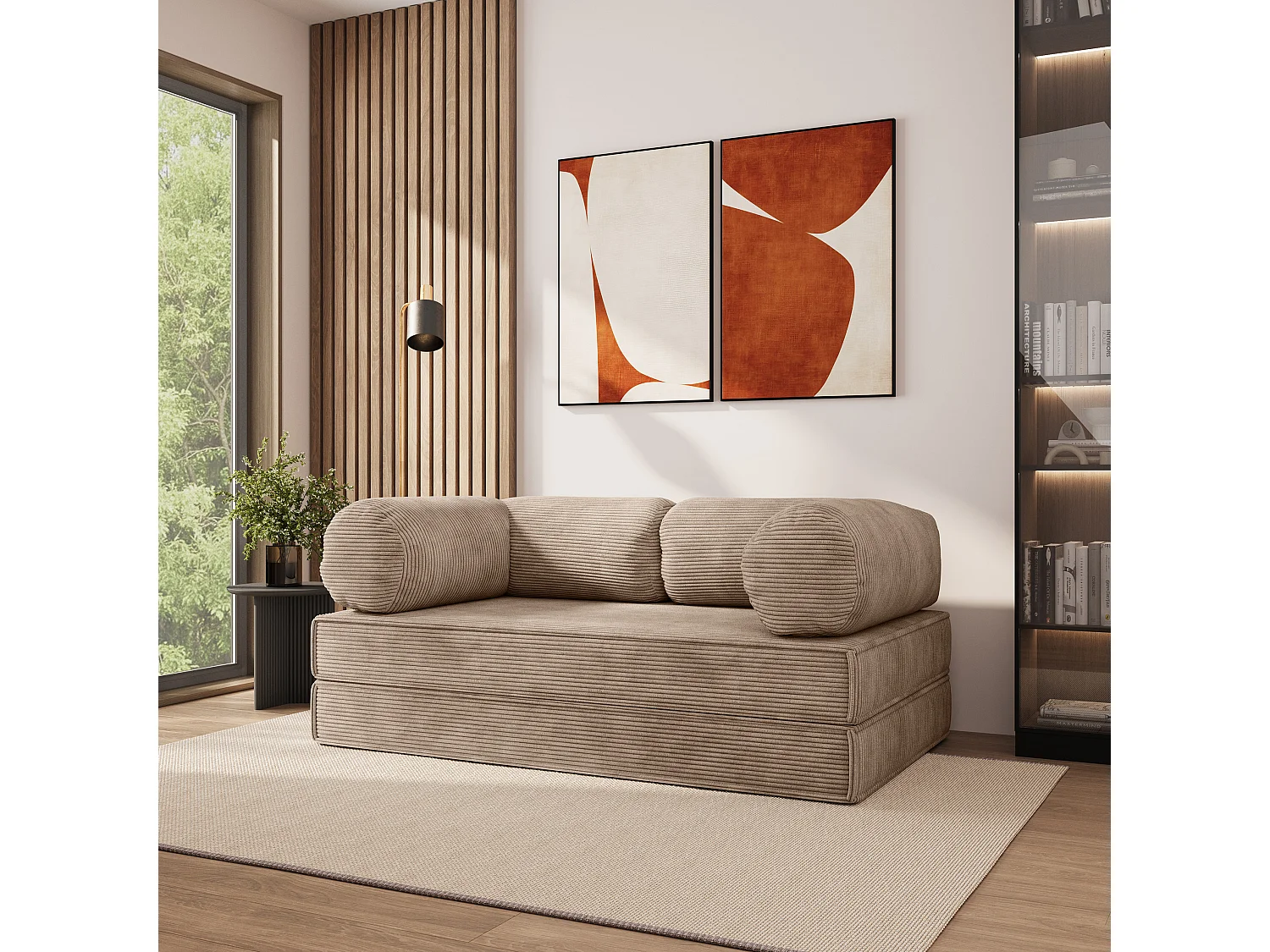 Canapé compressé ALVIO sans cadre métallique, Velours côtelé POSO, Beige