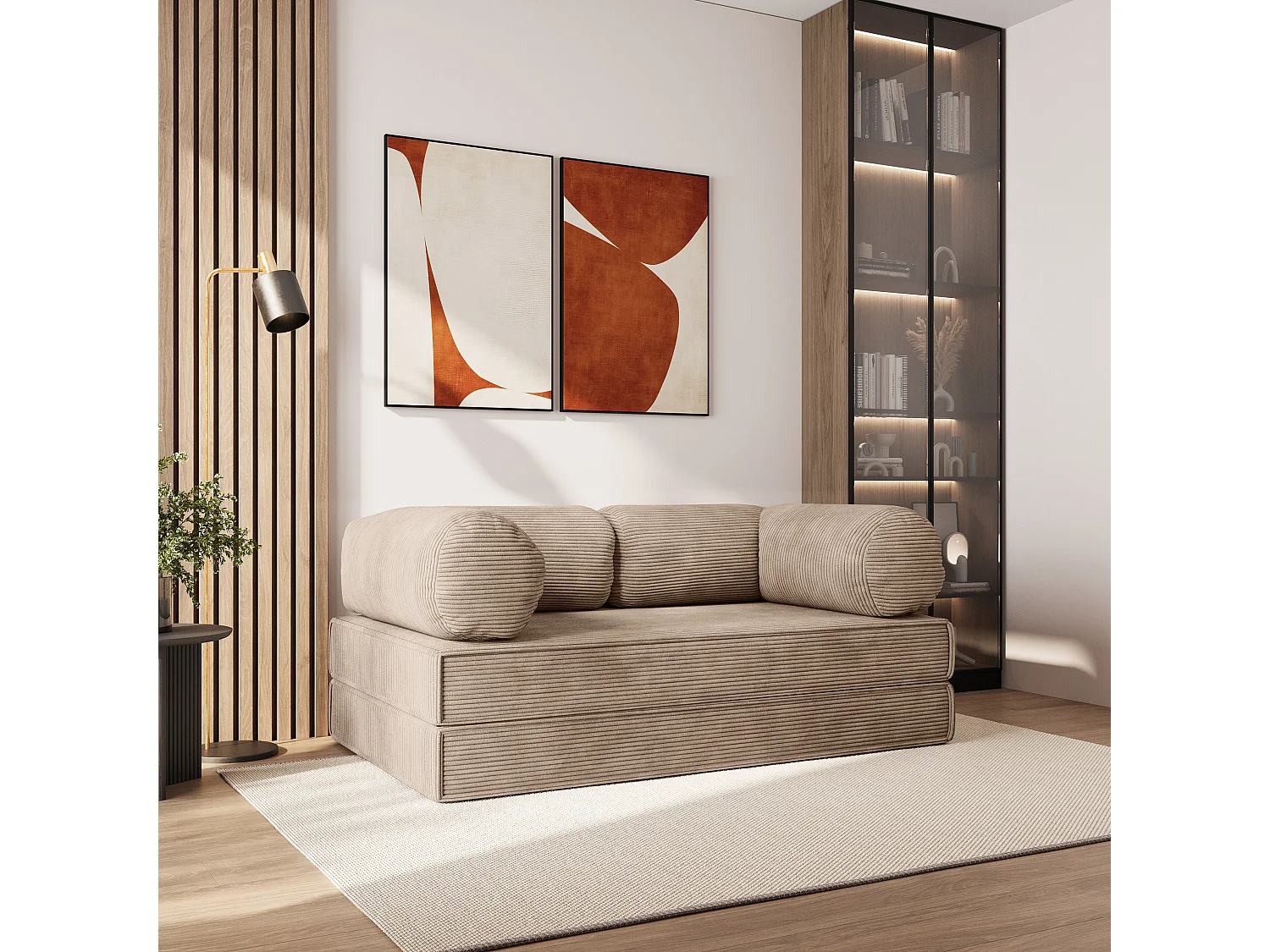 Canapé compressé ALVIO sans cadre métallique, Velours côtelé POSO, Beige