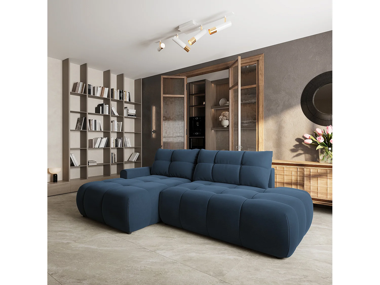 Hoekbank FLUMA, met slaapfunctie, Fluweelstof Blauw