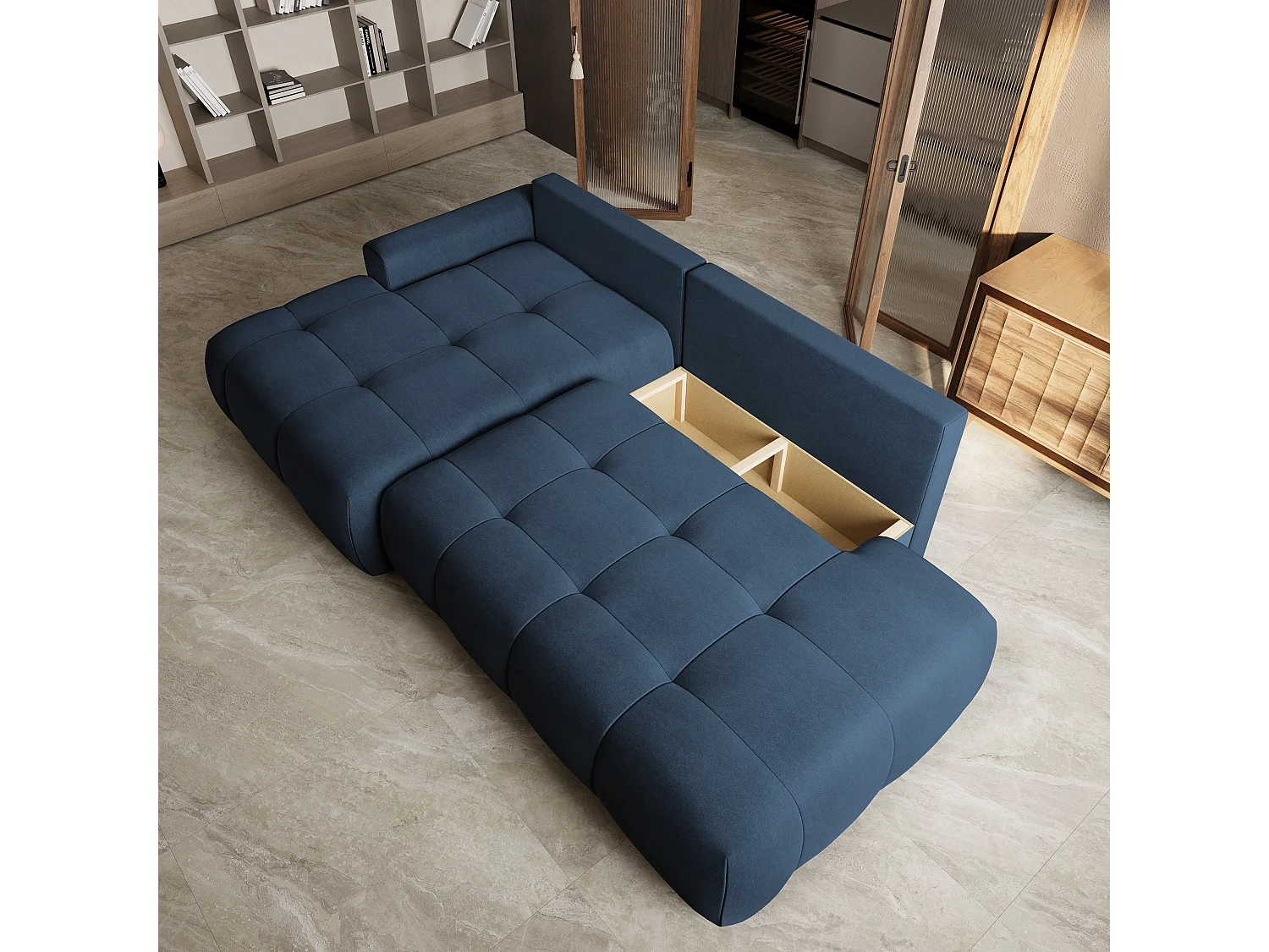 Hoekbank FLUMA, met slaapfunctie, Fluweelstof Blauw