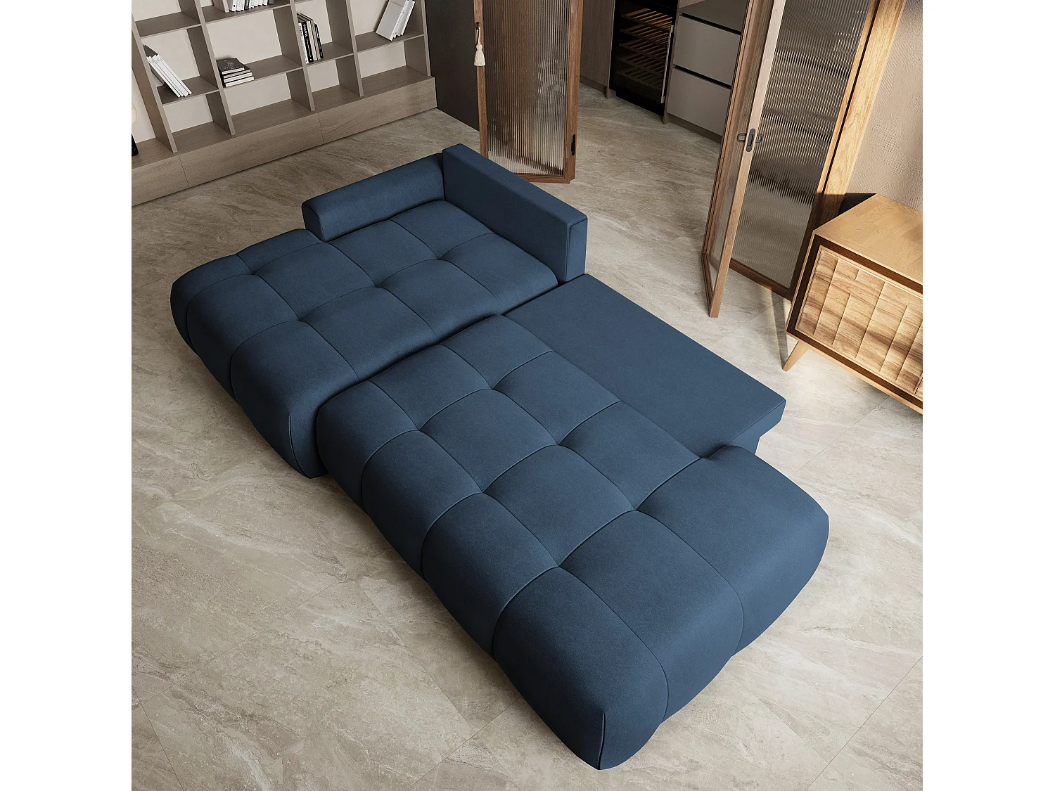 Hoekbank FLUMA, met slaapfunctie, Fluweelstof Blauw