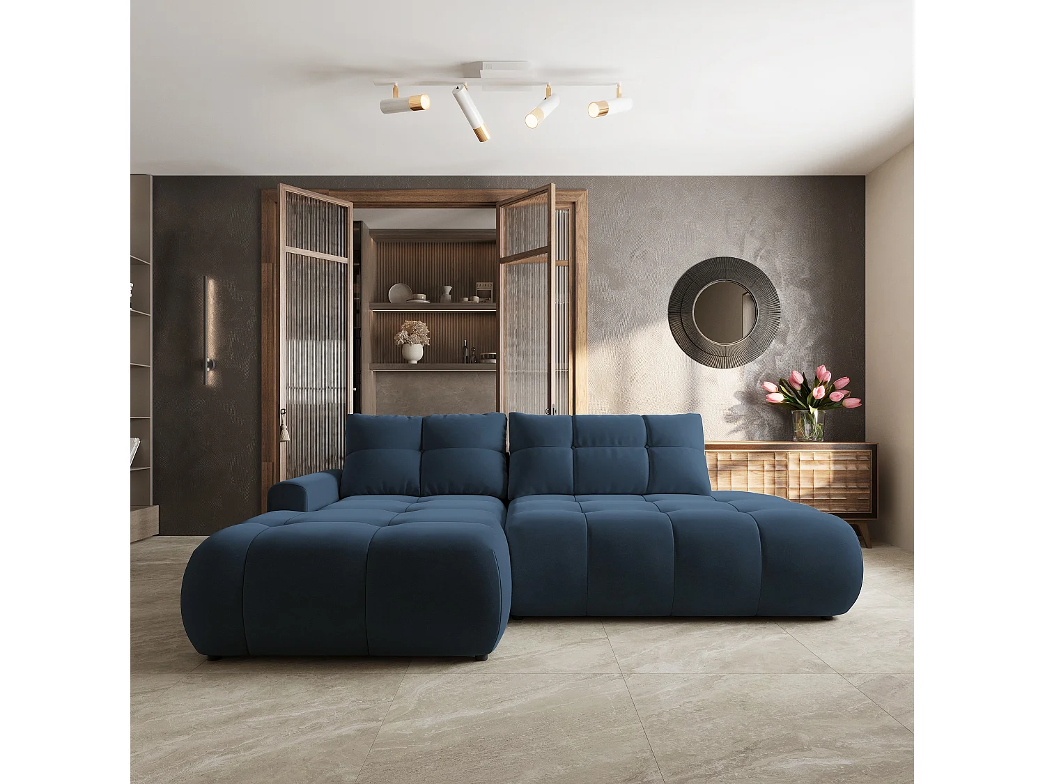 Hoekbank FLUMA, met slaapfunctie, Fluweelstof Blauw