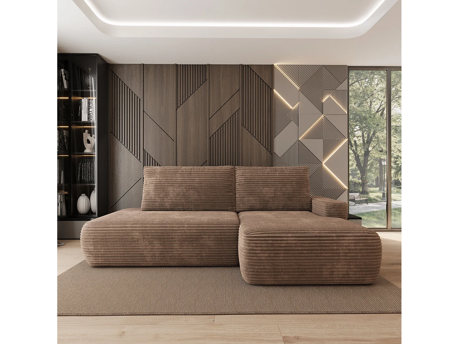 Hoekbank AVINI, met slaapfunctie, Cordstof Beige