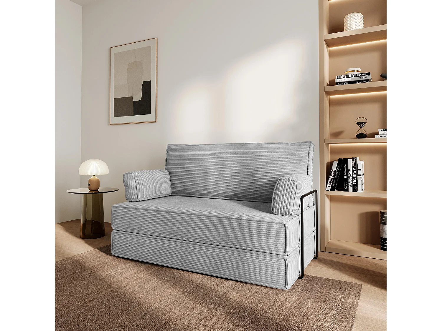 Canapé compressé LADIA avec cadre métallique, Velours côtelé POSO, Gris clair