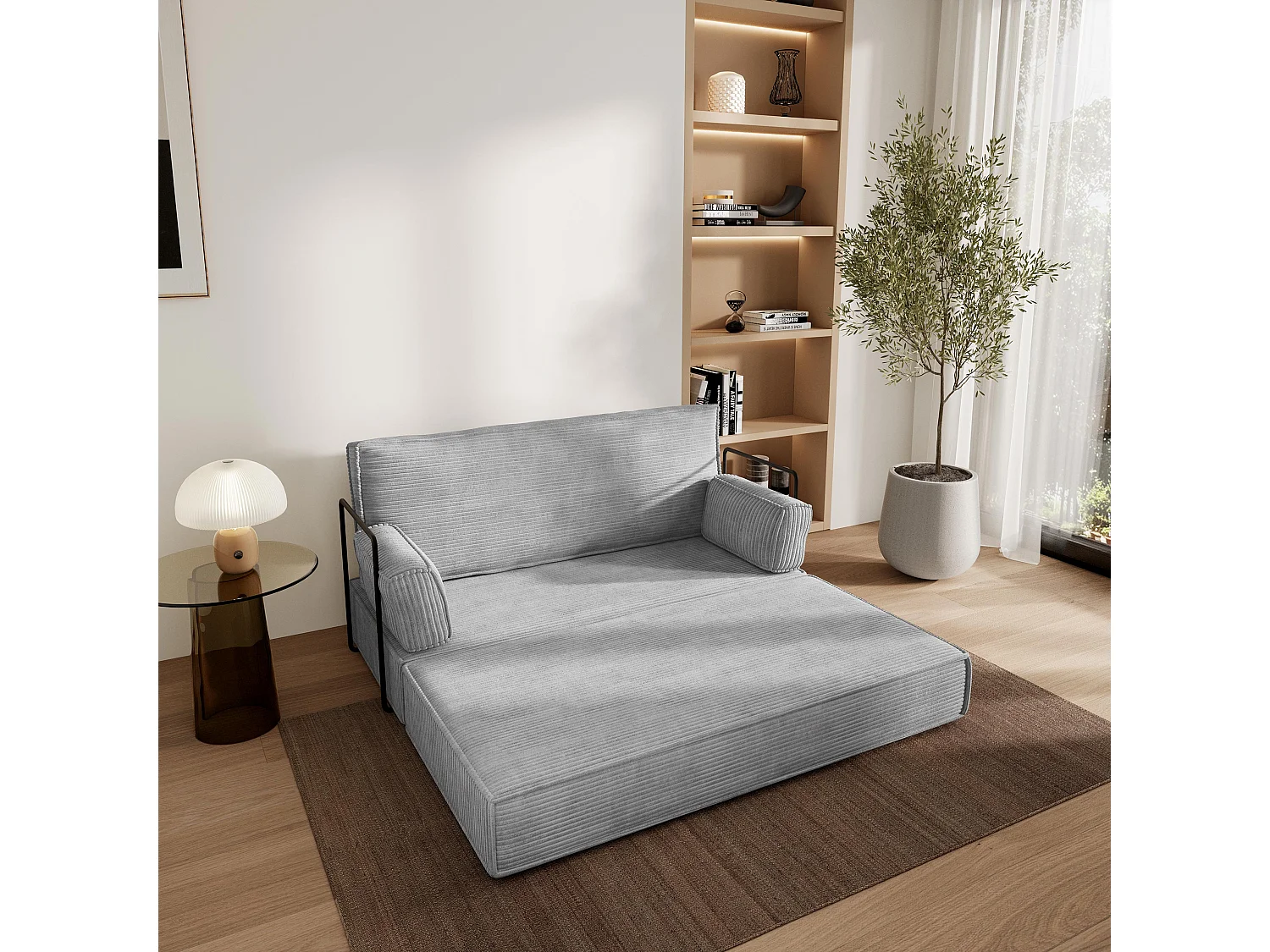 Canapé compressé LADIA avec cadre métallique, Velours côtelé POSO, Gris clair
