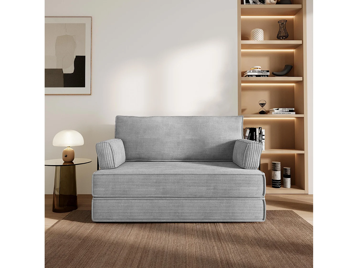 Canapé compressé LADIA avec cadre métallique, Velours côtelé POSO, Gris clair