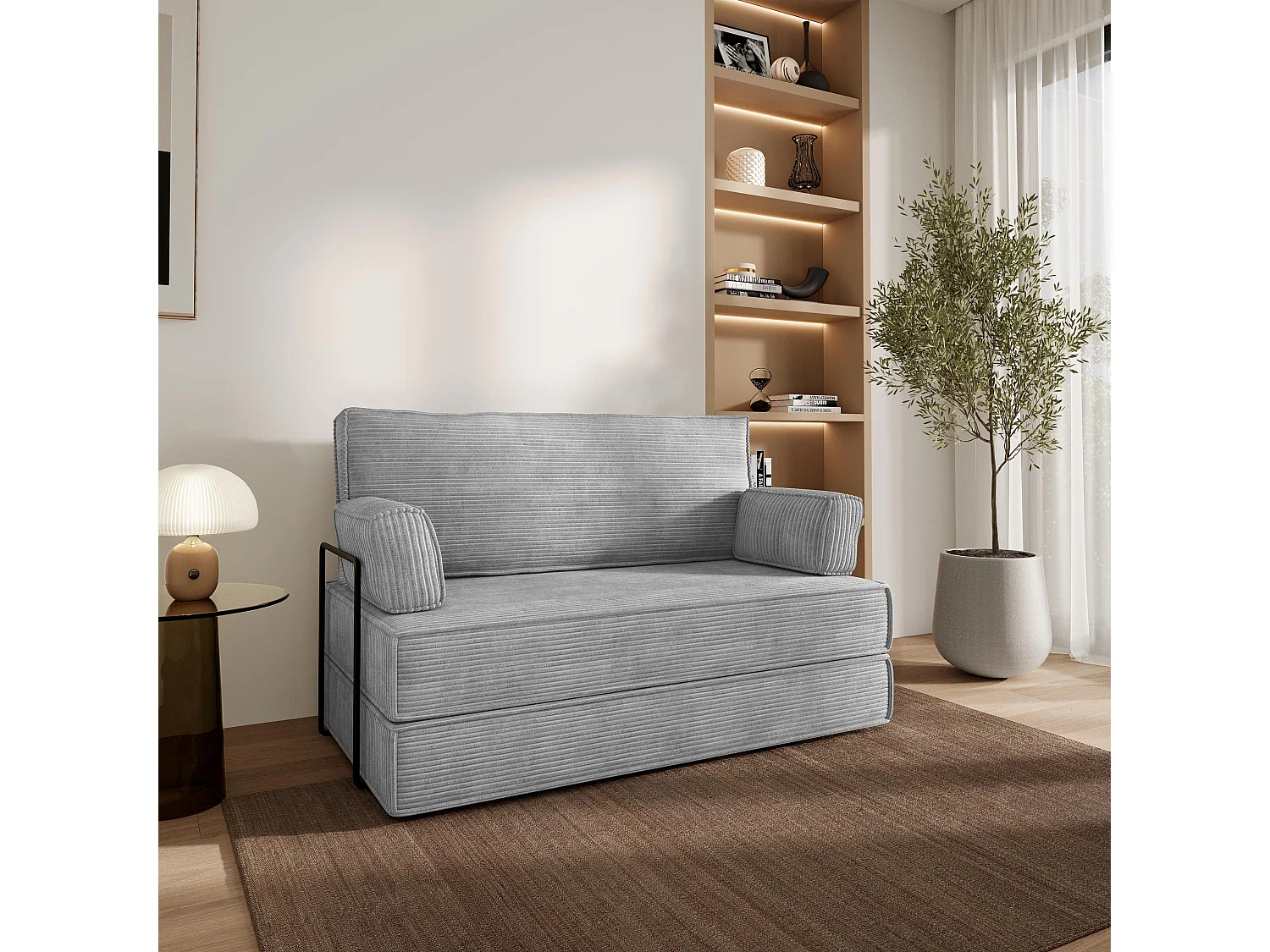 Canapé compressé LADIA avec cadre métallique, Velours côtelé POSO, Gris clair