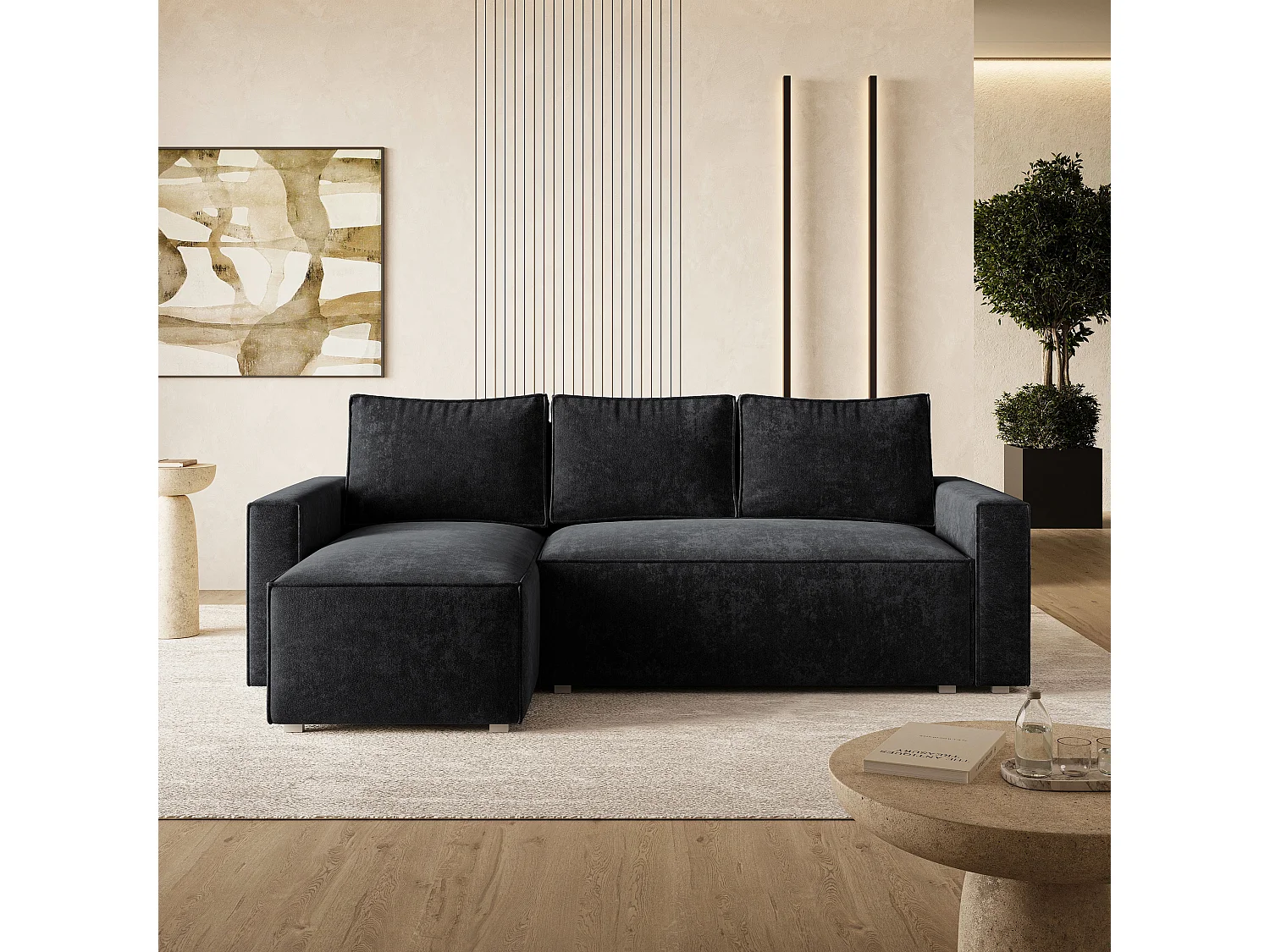 Hoekbank POTARO, met slaapfunctie, Chenille Zwart