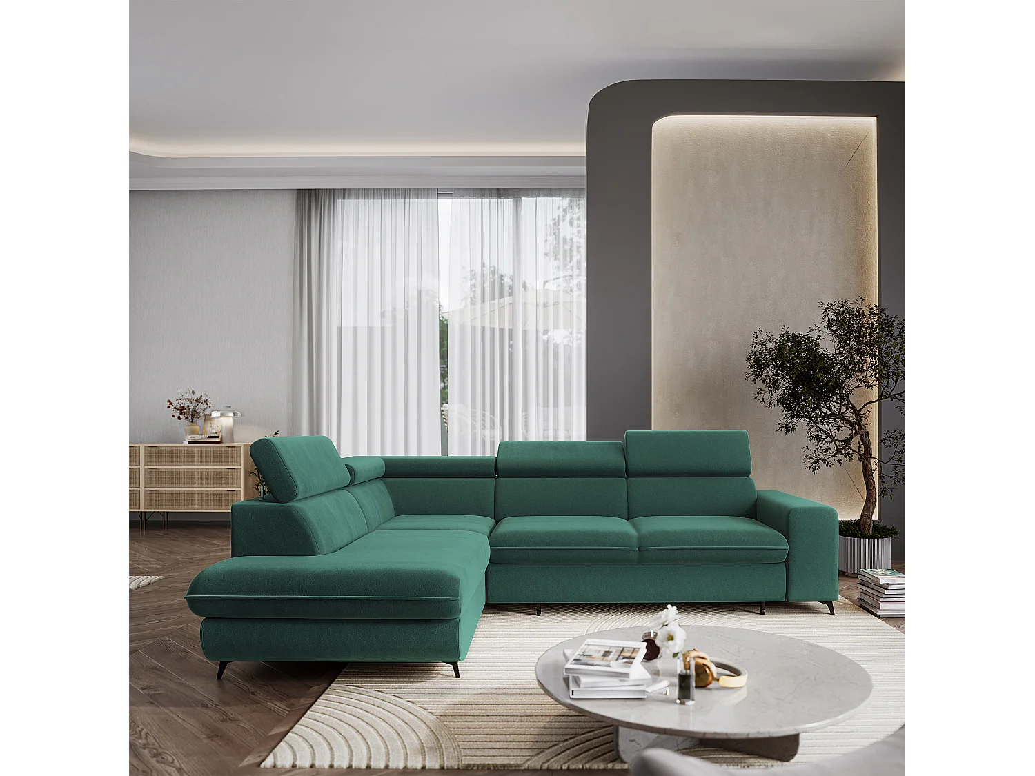 Hoekbank VELISS, met slaapfunctie, Fluweelstof Blauw