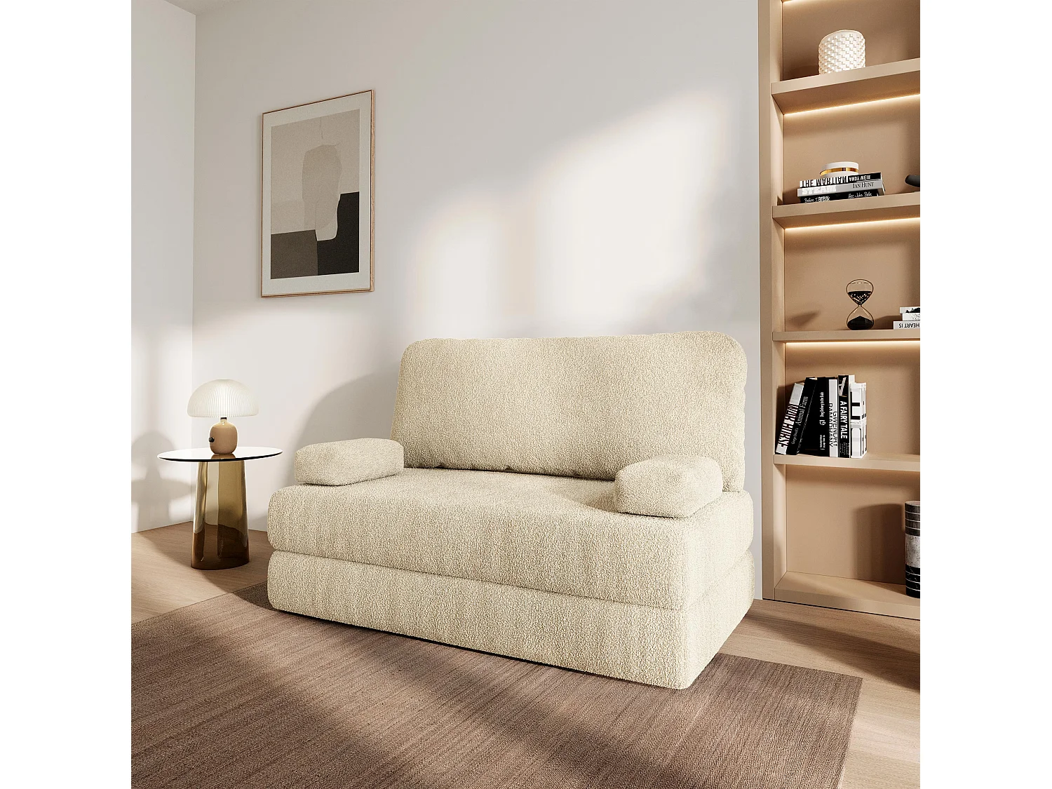 Canapé compressé KESTE sans cadre métallique, Tissu bouclé, Crème