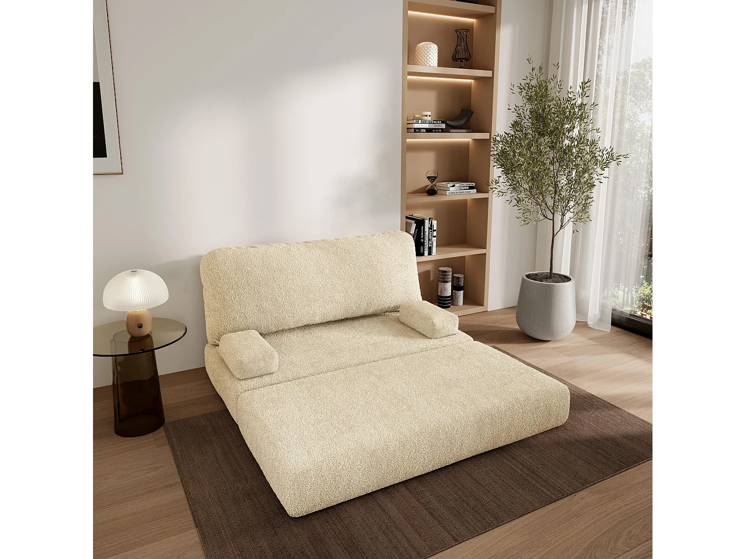 Canapé compressé KESTE sans cadre métallique, Tissu bouclé, Crème