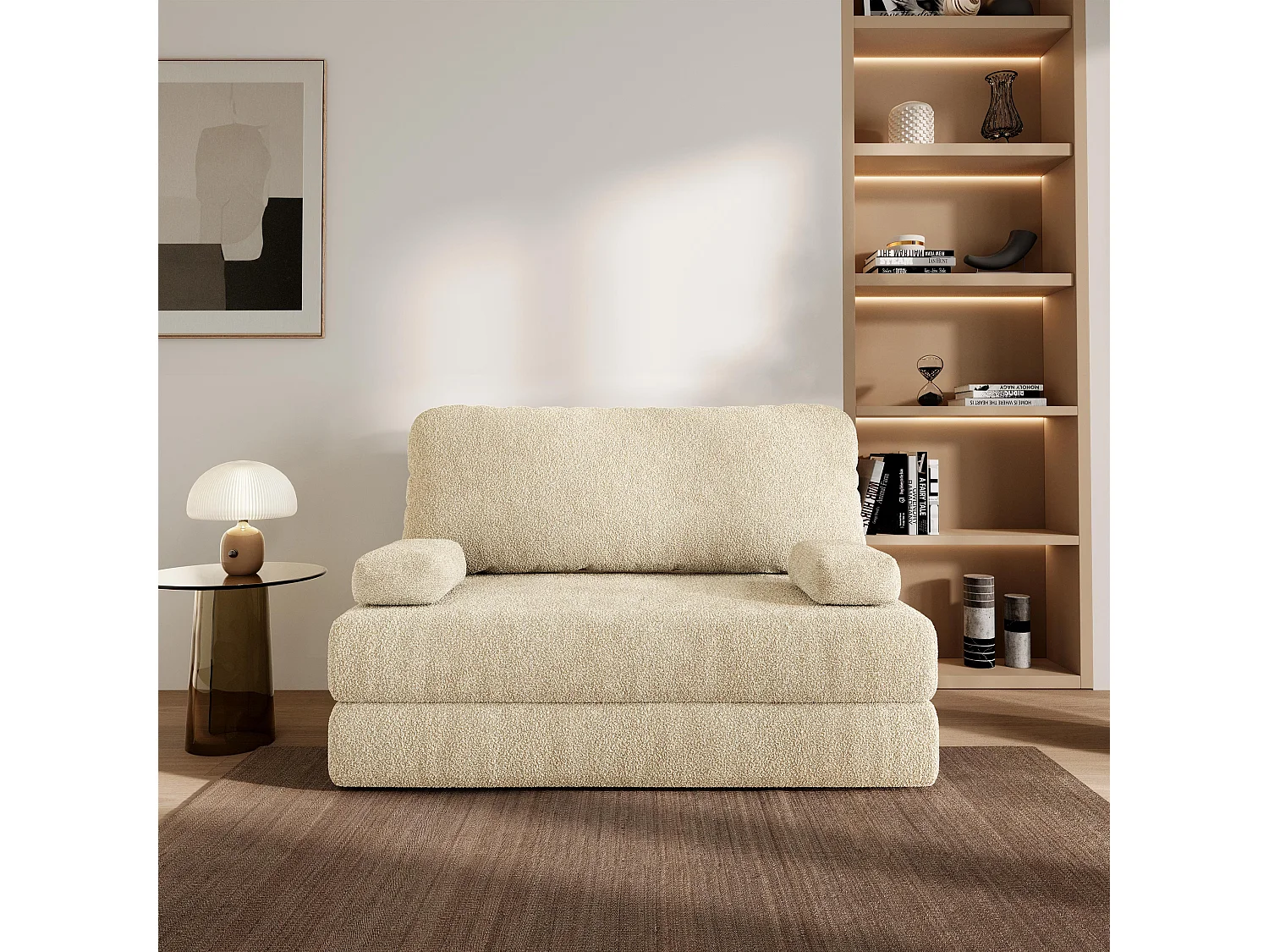 Canapé compressé KESTE sans cadre métallique, Tissu bouclé, Crème