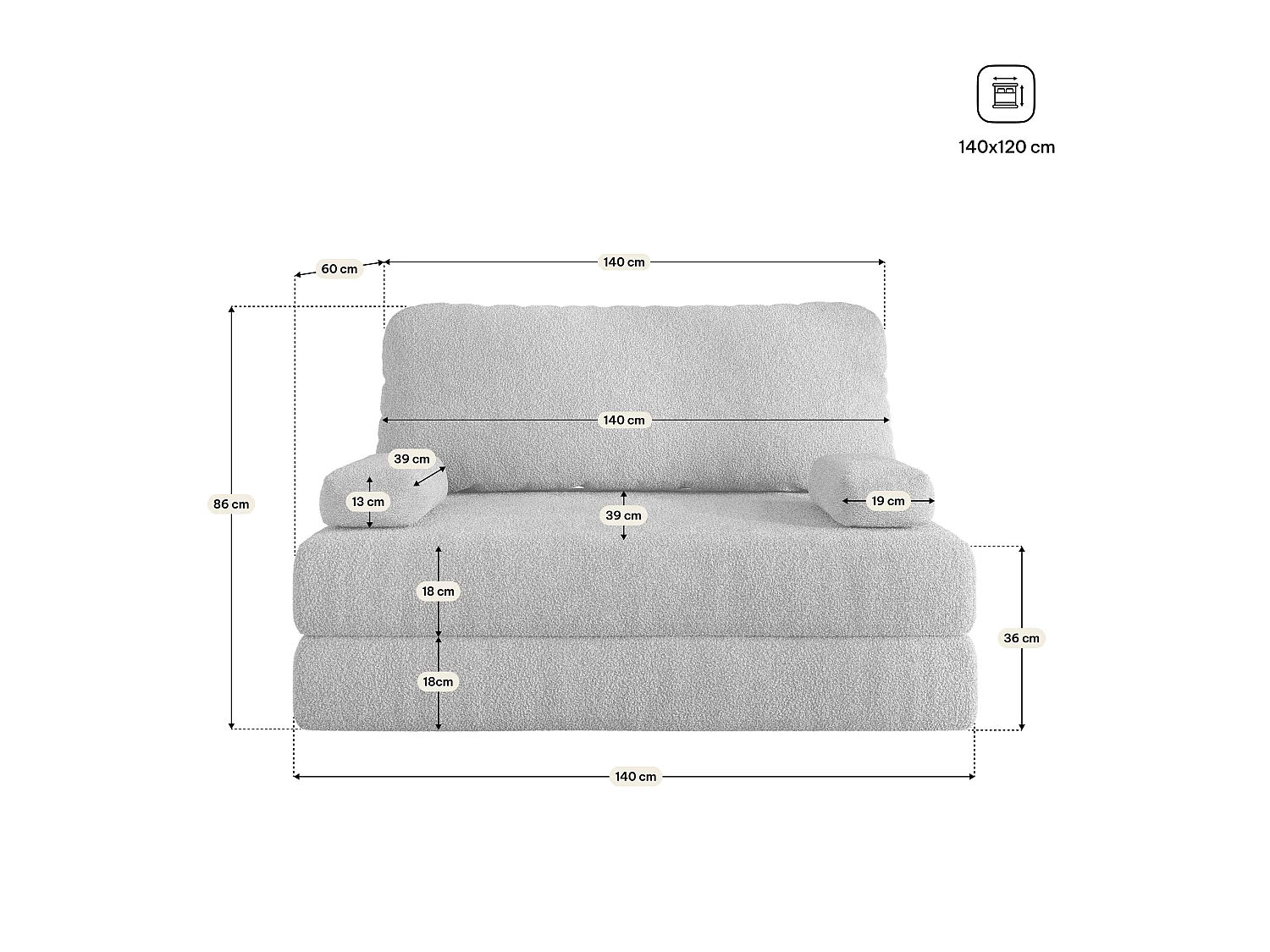 Canapé compressé KESTE sans cadre métallique, Tissu bouclé, Crème