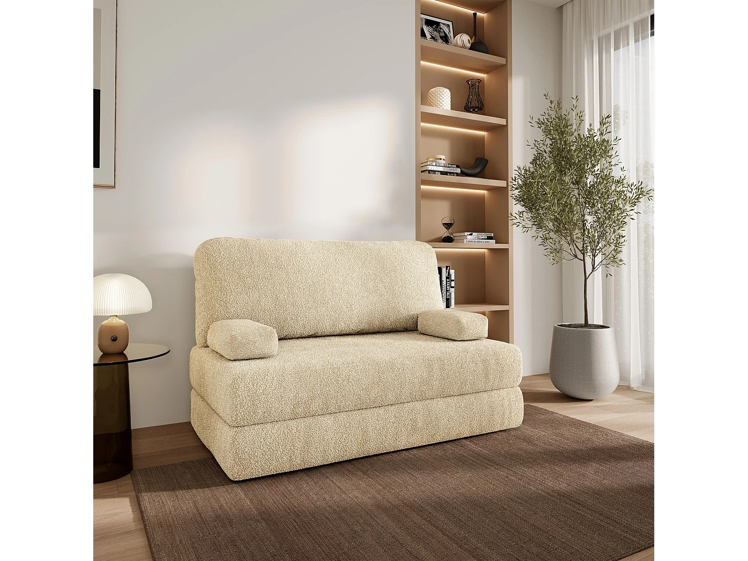 Canapé compressé KESTE sans cadre métallique, Tissu bouclé, Crème