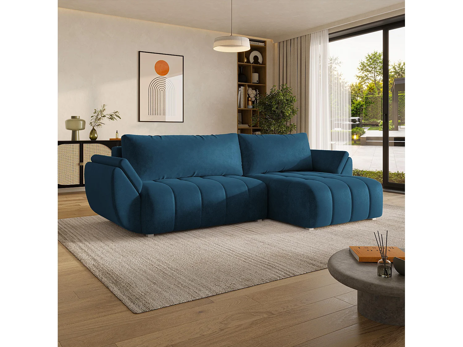 Hoekbank OLSI, met slaapfunctie, Veloursstof Blauw