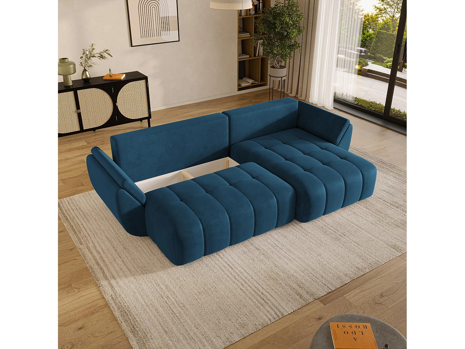 Hoekbank OLSI, met slaapfunctie, Veloursstof Blauw