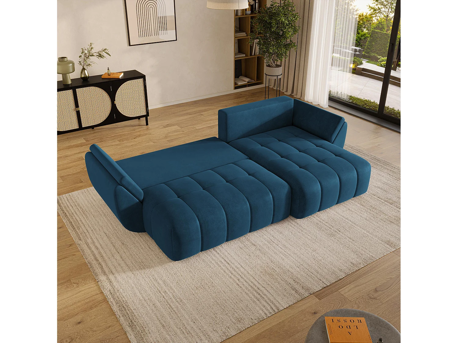 Hoekbank OLSI, met slaapfunctie, Veloursstof Blauw