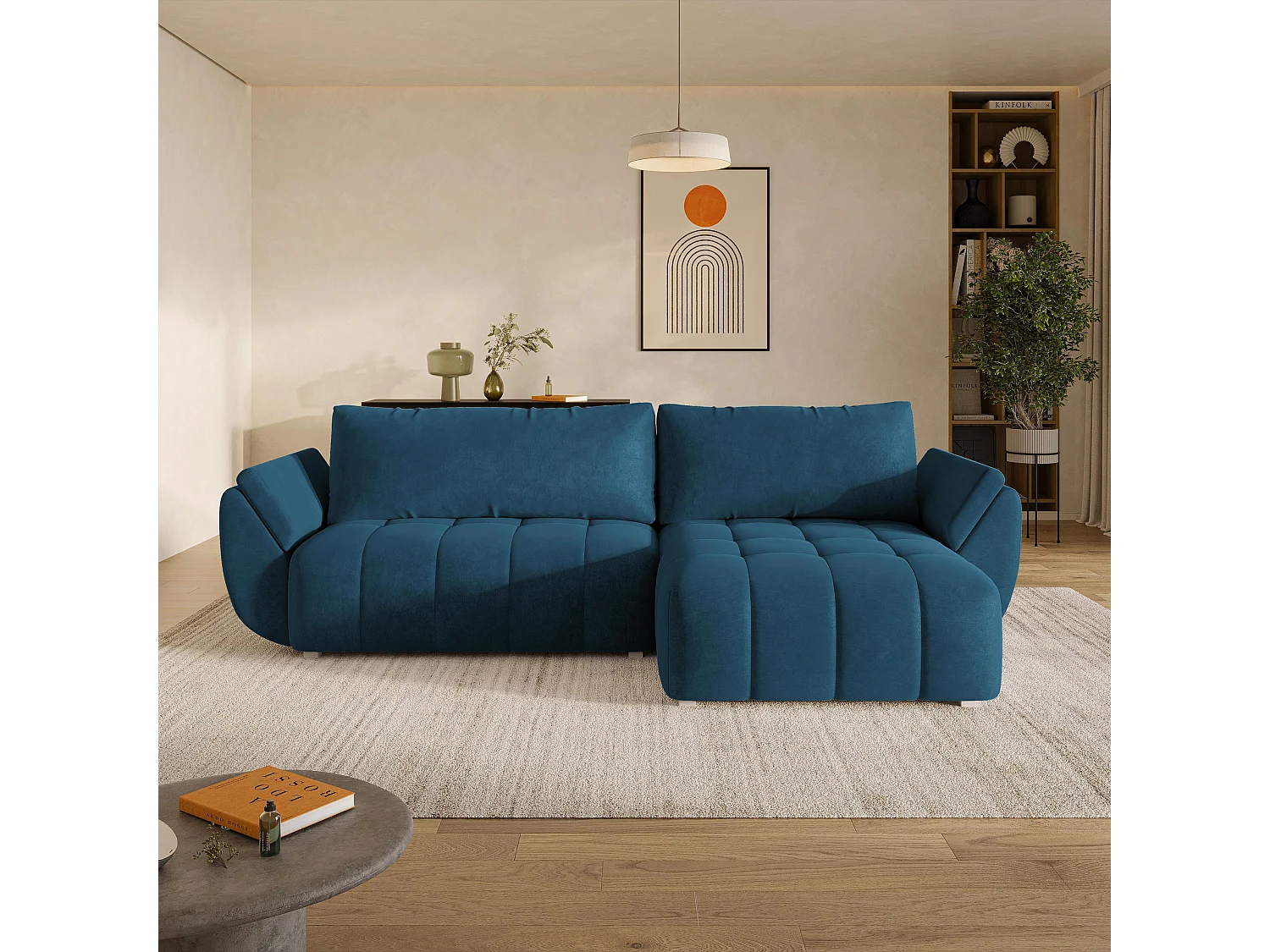 Hoekbank OLSI, met slaapfunctie, Veloursstof Blauw