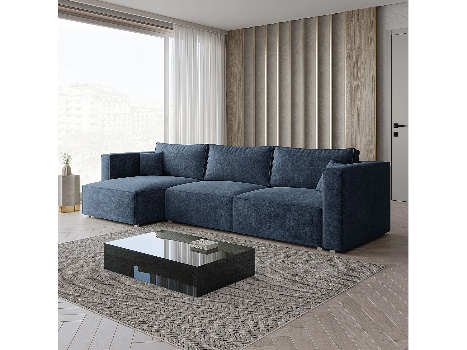 Canapé d'angle TOLMO, avec fonction de couchage, Tissu chenille, Bleu