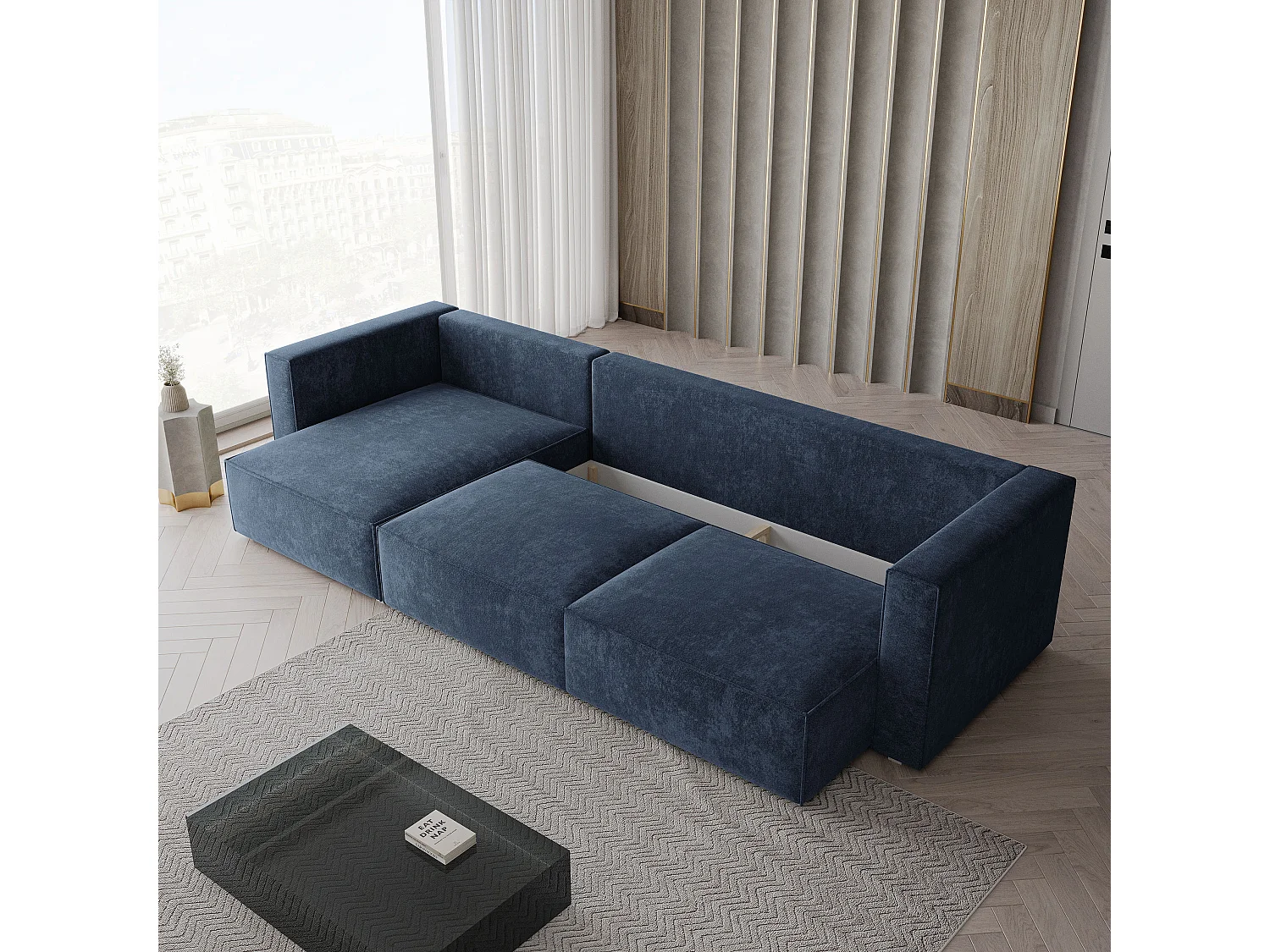 Canapé d'angle TOLMO, avec fonction de couchage, Tissu chenille, Bleu