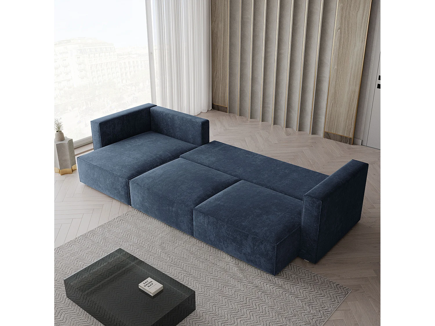 Canapé d'angle TOLMO, avec fonction de couchage, Tissu chenille, Bleu