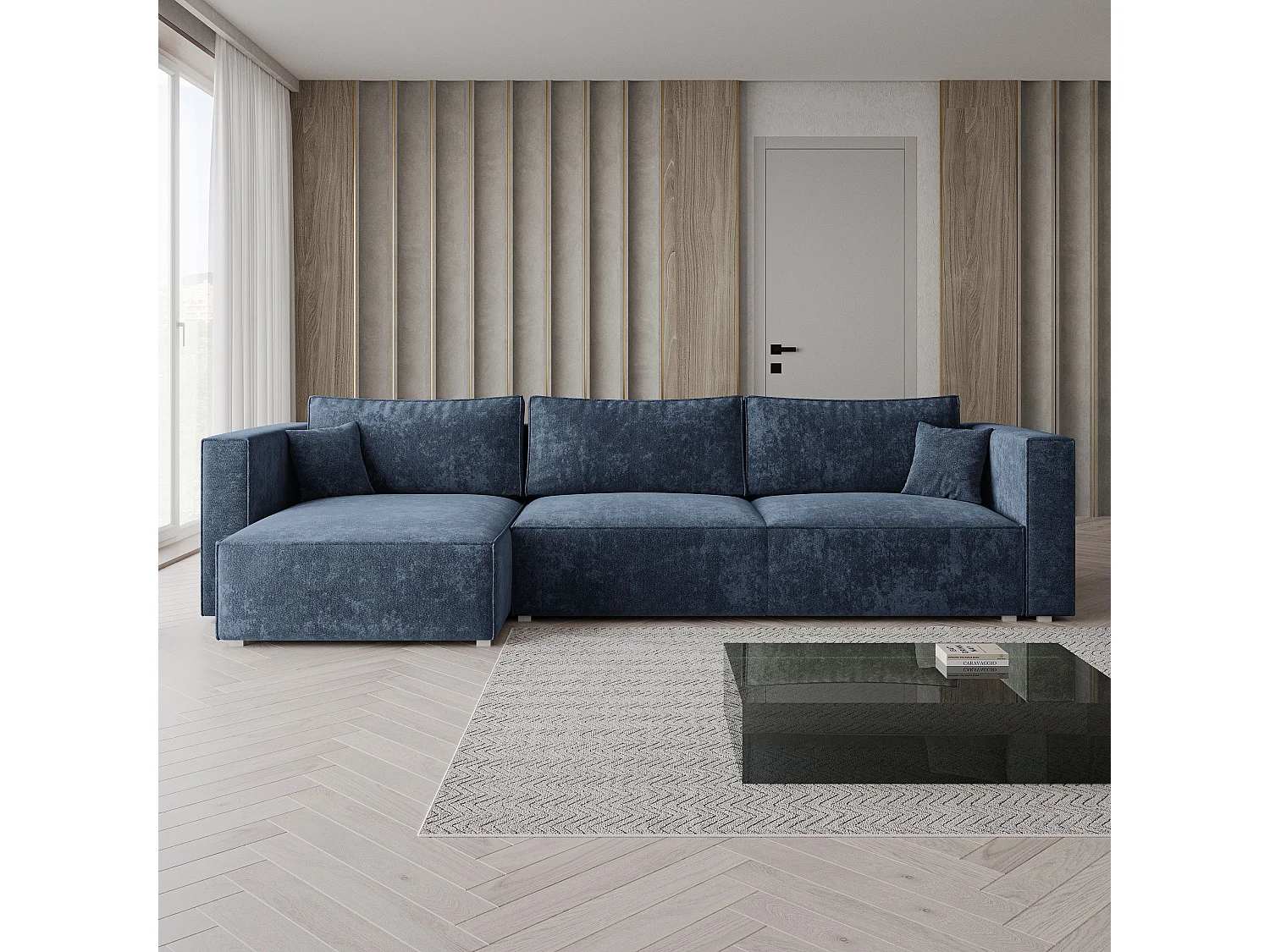 Canapé d'angle TOLMO, avec fonction de couchage, Tissu chenille, Bleu
