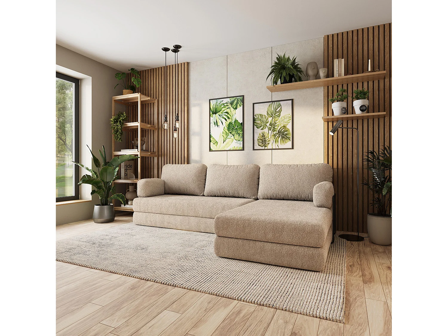 Canapé convertible compressé LEA, avec cadre métallique, bouclé Beige