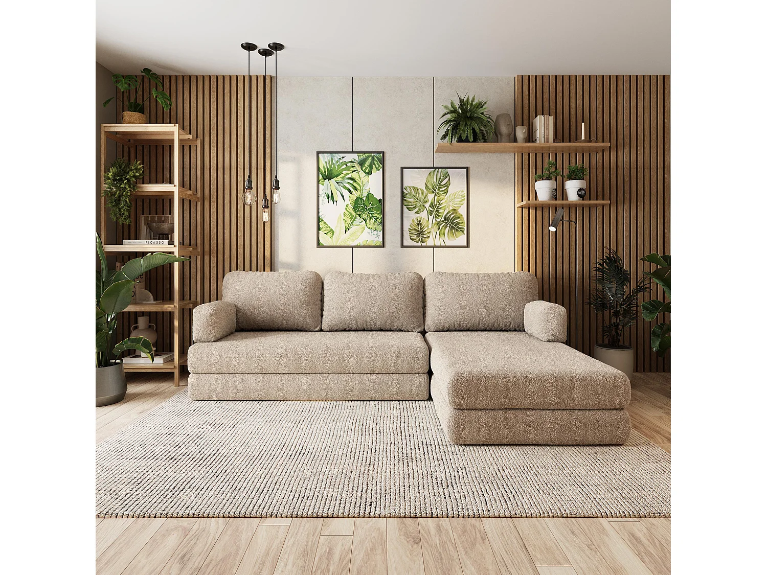 Canapé convertible compressé LEA, avec cadre métallique, bouclé Beige