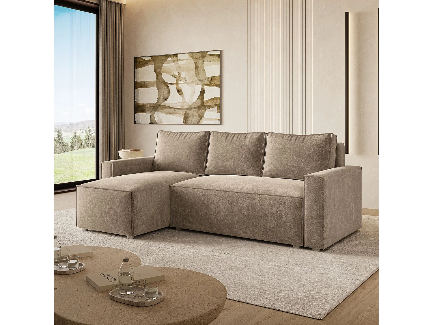 Hoekbank POTARO, met slaapfunctie, Chenille Beige