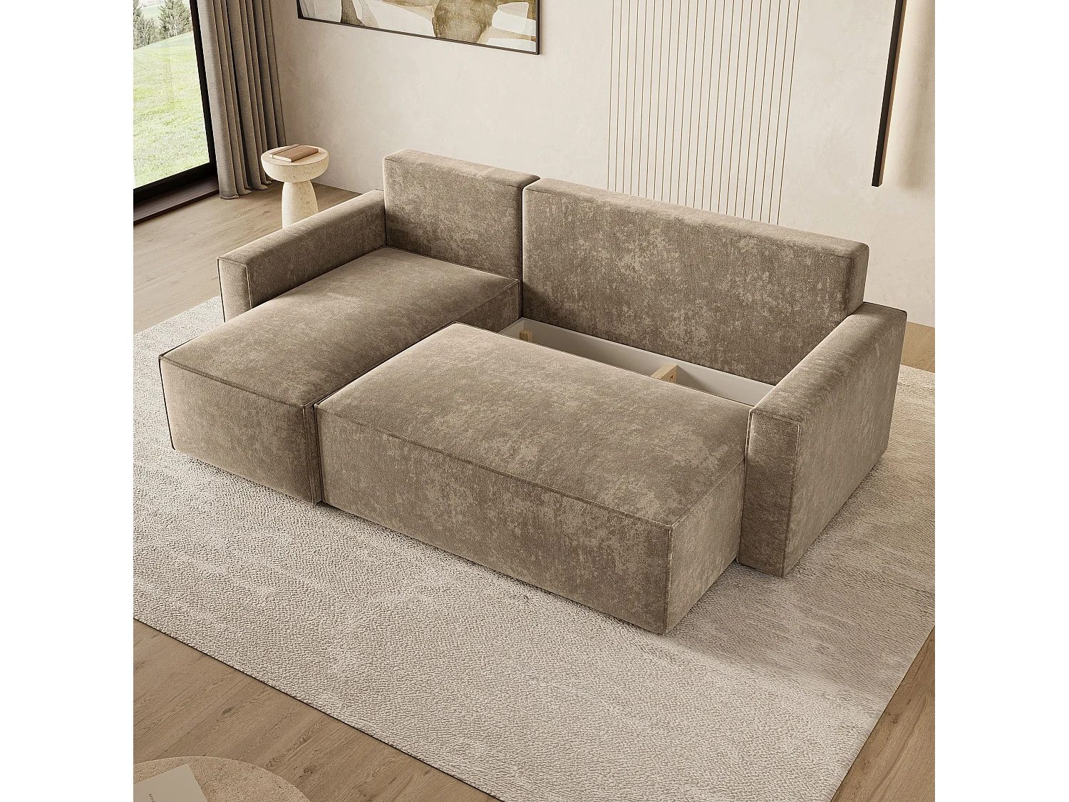 Hoekbank POTARO, met slaapfunctie, Chenille Beige