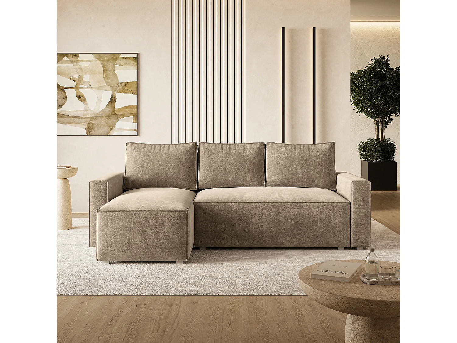 Hoekbank POTARO, met slaapfunctie, Chenille Beige