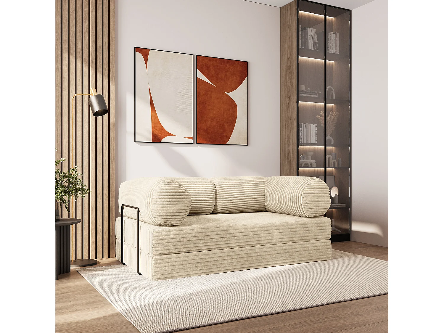 Canapé compressé ALVIO avec cadre métallique, Velours côtelé TILIA, Crème