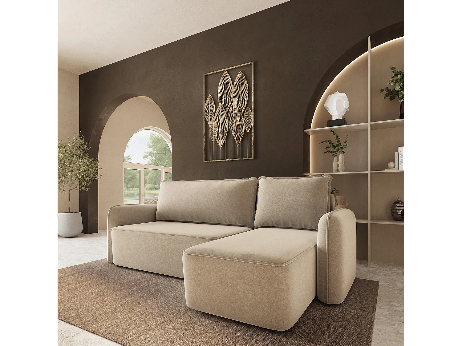 Hoekbank DOLVER, met slaapfunctie, Fluweelstof Beige