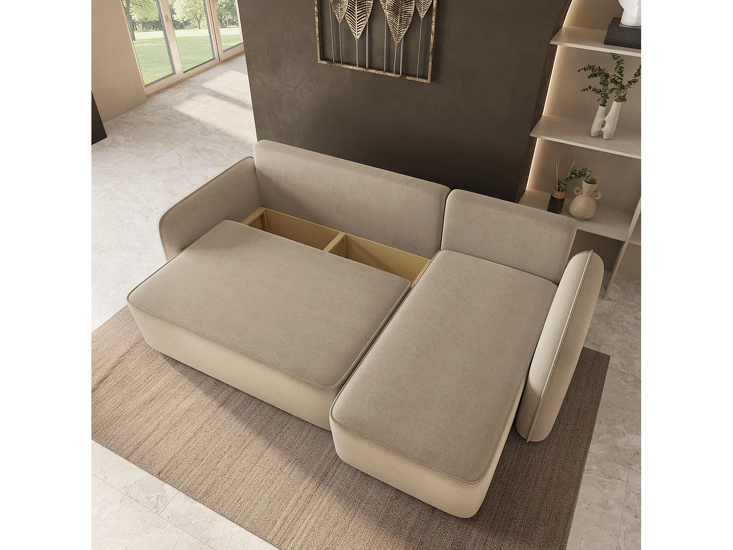 Hoekbank DOLVER, met slaapfunctie, Fluweelstof Beige