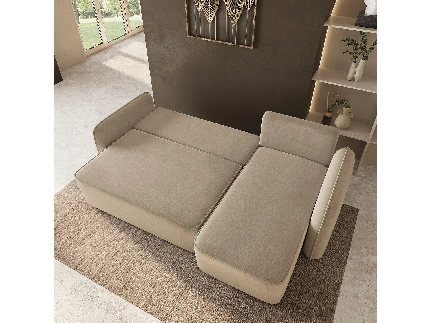 Hoekbank DOLVER, met slaapfunctie, Fluweelstof Beige