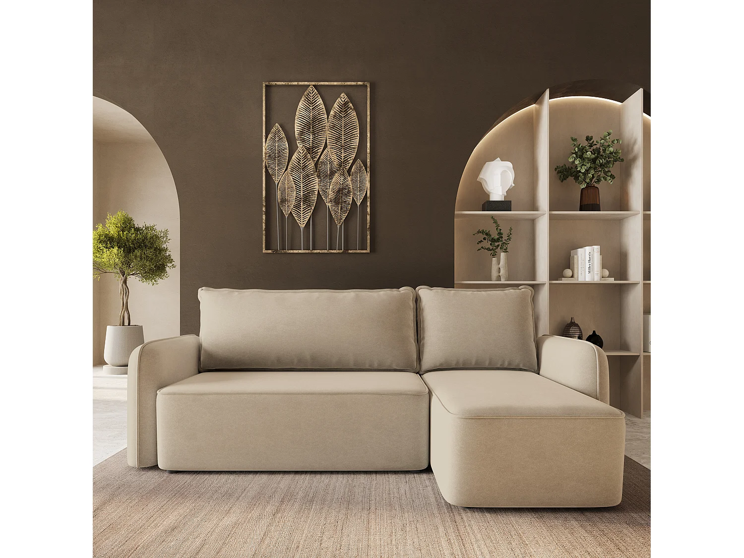 Hoekbank DOLVER, met slaapfunctie, Fluweelstof Beige