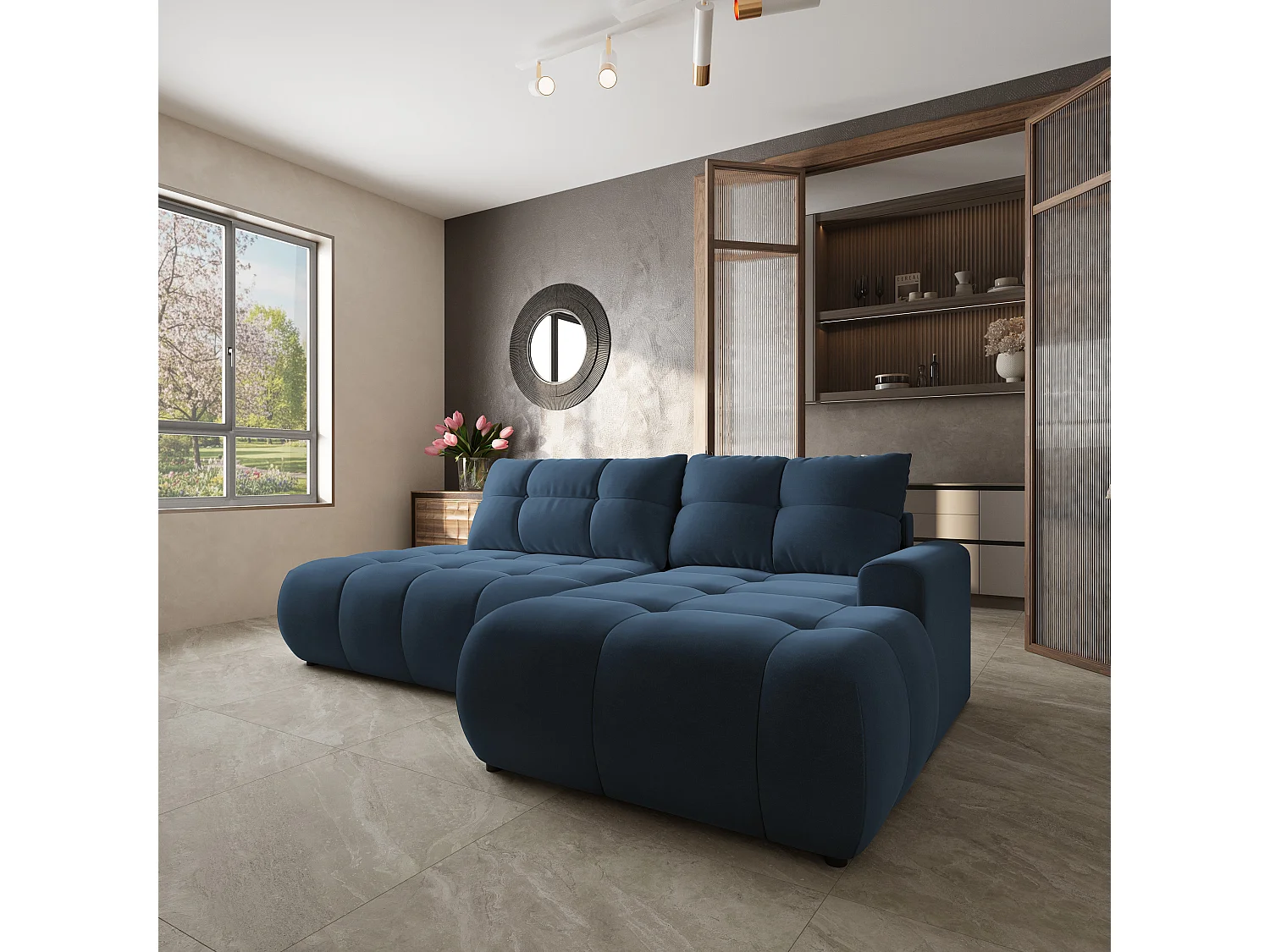 Hoekbank FLUMA, met slaapfunctie, Fluweelstof Blauw