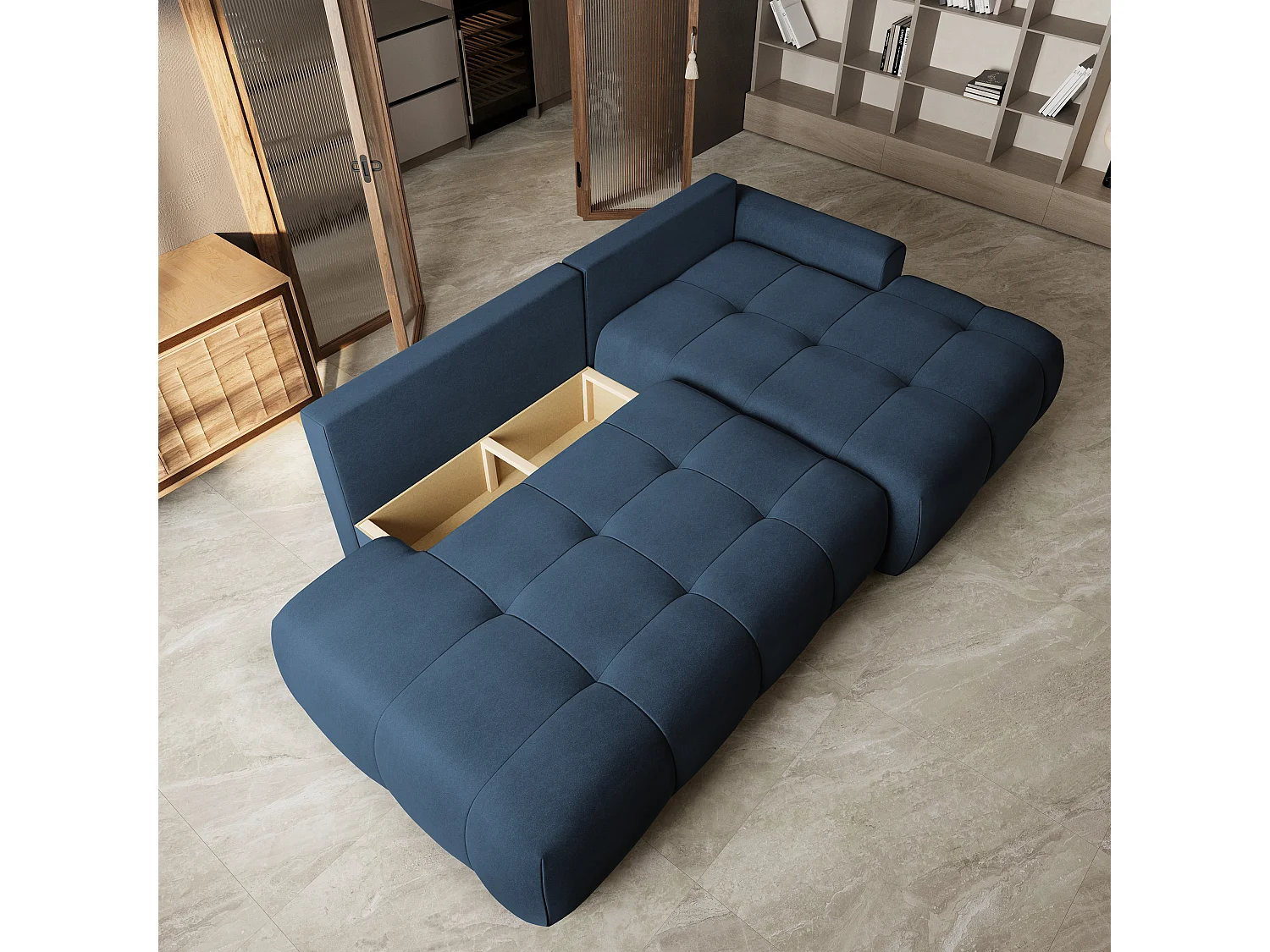 Hoekbank FLUMA, met slaapfunctie, Fluweelstof Blauw