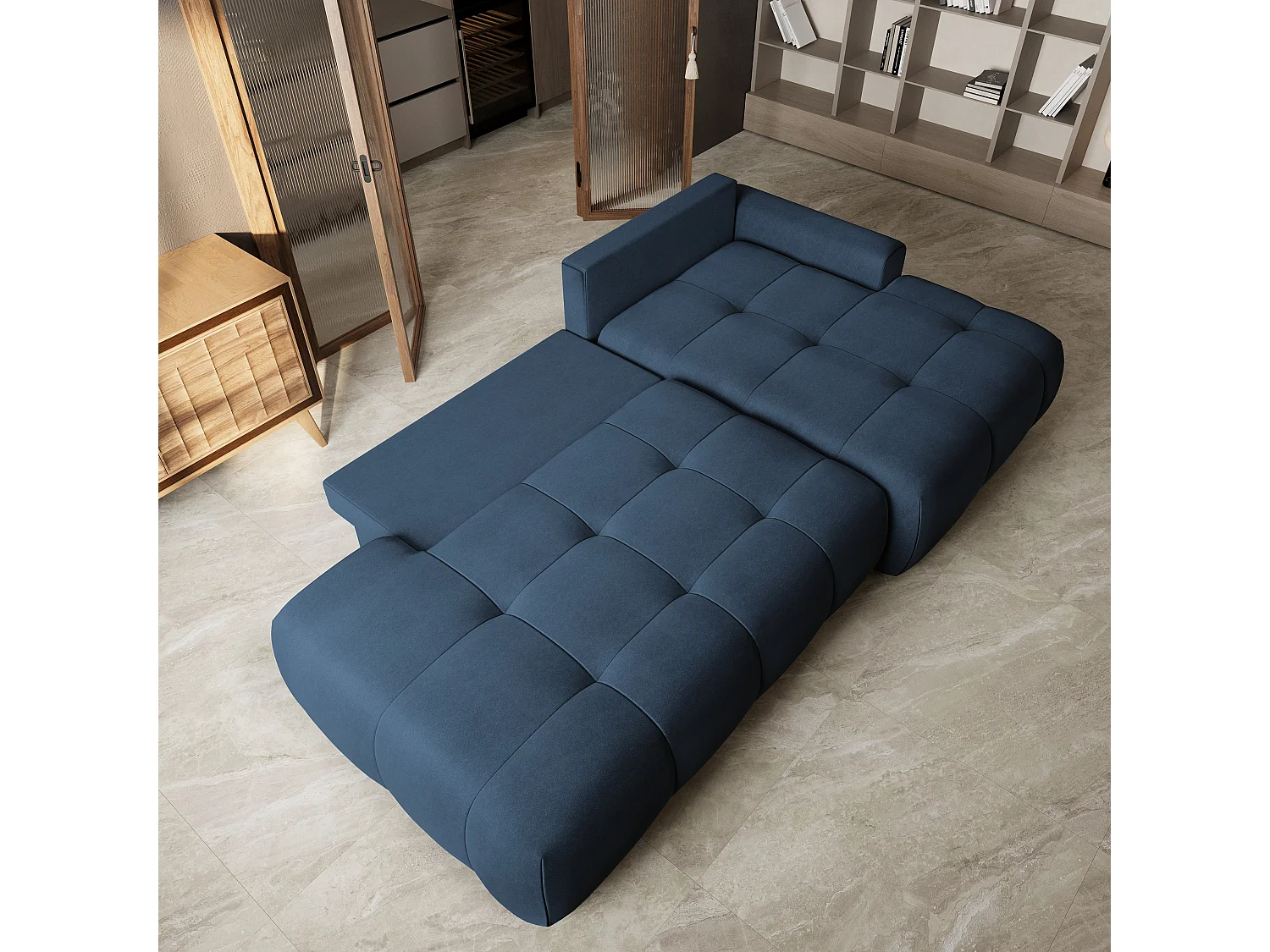 Hoekbank FLUMA, met slaapfunctie, Fluweelstof Blauw