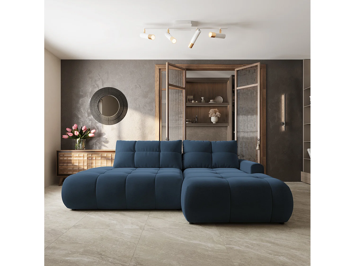 Hoekbank FLUMA, met slaapfunctie, Fluweelstof Blauw