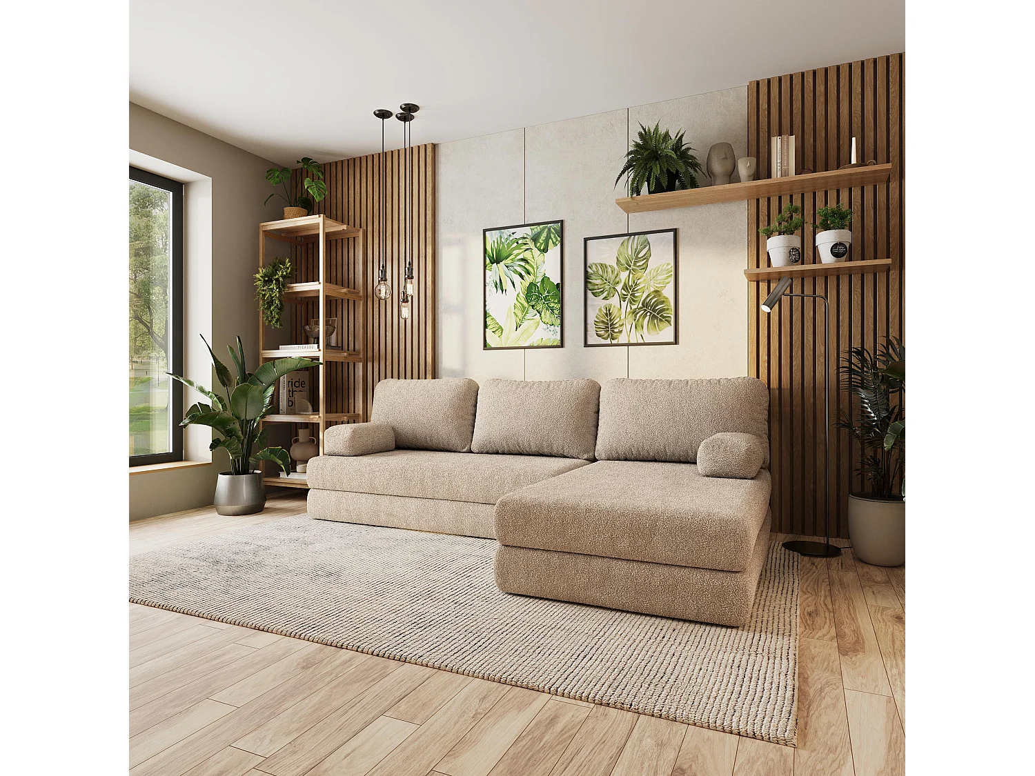 Canapé convertible compressé LEA, sans cadre métallique, bouclé Beige