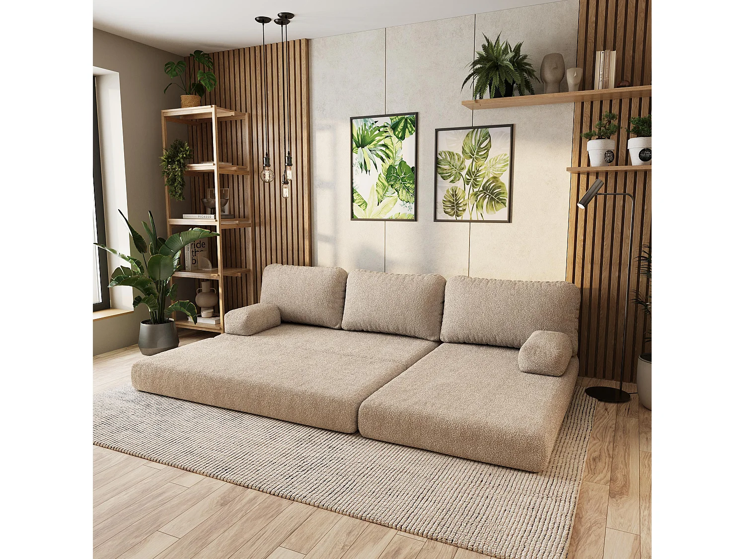 Canapé convertible compressé LEA, sans cadre métallique, bouclé Beige