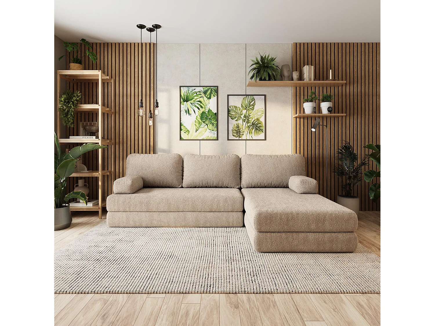 Canapé convertible compressé LEA, sans cadre métallique, bouclé Beige